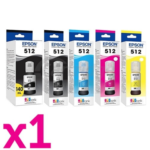 5-Pack Original Epson T512 EcoTank Ink Bottles [1BK,1PBK,1C,1M,1Y]
