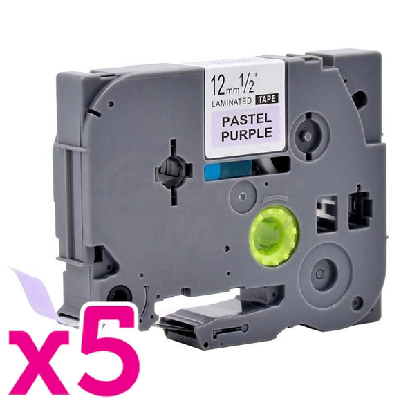 5 x Brother TZe-MQF31 Generic 12mm Black on Pastel Purple Laminated Tape - 4 metres