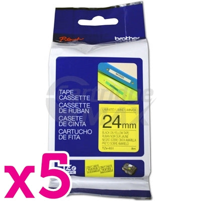 5 x Brother TZe-651 Original 24mm Black Text on Yellow Laminated Tape - 8 meters