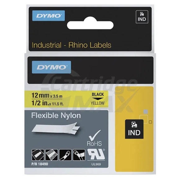 Dymo SD18490 Original 12mm Black Text on Yellow Flexible Nylon Industrial Rhino Label Cassette - 3.5 meters