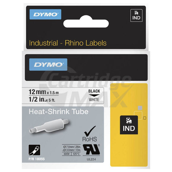 Dymo SD18055 Original 12mm Black Text on White Heat-Shrink Tube Industrial Rhino Label Cassette - 1.5 meters