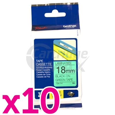 10 x Brother TZe-741 Original 18mm Black Text on Green Laminated Tape - 8 meters