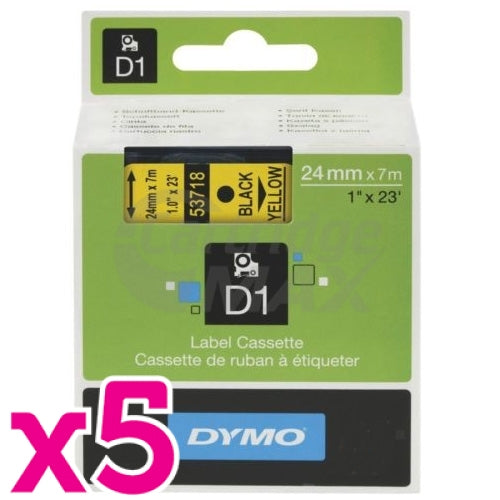 5 x Dymo D1 SD53718 / S0720980 Original 24mm Black Text on Yellow Label Cassette - 7 meters