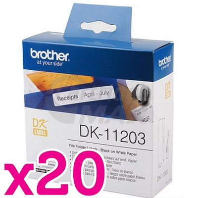 20 x Brother DK-11203 Original Black Text on White Die-Cut Paper Label Roll 17mm x 87mm - 300 labels per roll