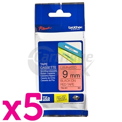 5 x Brother TZe-421 Original 9mm Black Text on Red Laminated Tape - 8 meters