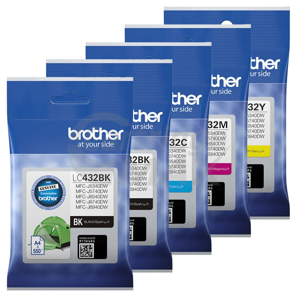 5 Pack Brother LC-432 Original Ink Cartridges Combo [2BK, 1C, 1M, 1Y]