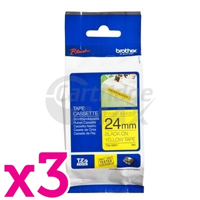 3 x Brother TZe-S651 Original 24mm Black Text on Yellow Strong Adhesive Laminated Tape - 8 metres