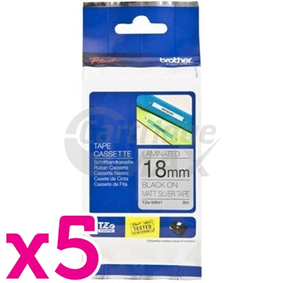5 x Brother TZe-M941 Original 18mm Black Text on Matt Silver Laminated Tape - 8 metres