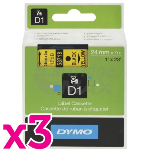 3 x Dymo D1 SD53718 / S0720980 Original 24mm Black Text on Yellow Label Cassette - 7 meters