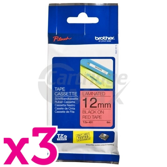 3 x Brother TZe-431 Original 12mm Black Text on Red Laminated Tape - 8 meters
