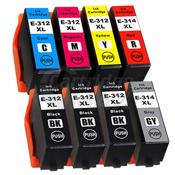 8 Pack Epson 312XL 314XL Generic High Yield Inkjet Cartridge Combo [3BK,1C,1M,1Y,1GY,1R]