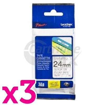 3 x Brother TZe-151 Original 24mm Black Text on Clear Laminated Tape - 8 meters