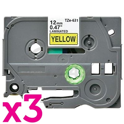 3 x Brother TZe-631 Generic 12mm Black Text on Yellow Laminated Tape - 8 meters