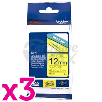 3 x Brother TZe-631 Original 12mm Black Text on Yellow Laminated Tape - 8 meters