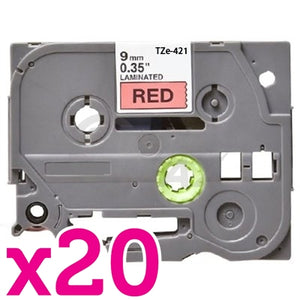 20 x Brother TZe-421 Generic 9mm Black Text on Red Laminated Tape - 8 meters