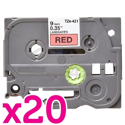 20 x Brother TZe-421 Generic 9mm Black Text on Red Laminated Tape - 8 meters