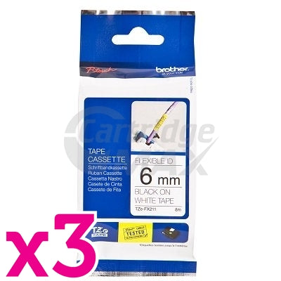 3 x Brother TZe-FX211 Original 6mm Black Text on White Flexible ID Laminated Tape - 8 metres