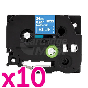 10 x Brother TZe-555 Generic 24mm White Text on Blue Laminated Tape - 8 meters