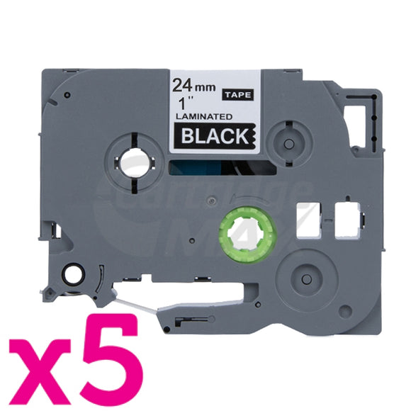 5 x Brother TZe-355 Generic 24mm White Text on Black Laminated Tape - 8 metres