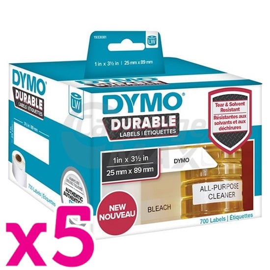 5 x Dymo 1933081 Original Durable Industrial White Label Roll 25mm x 89mm - 700 labels per roll