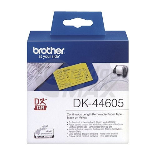 Brother DK-44605 Original Removable Black Text on Yellow Continuous Paper Label Roll 62mm x 30.48m