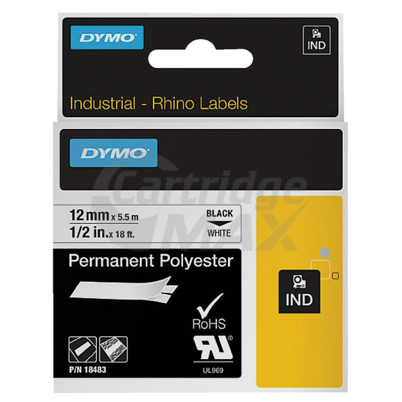 Dymo SD18483 Original 12mm Black Text on White Permanent Polyester Industrial Rhino Label Cassette - 5.5 meters