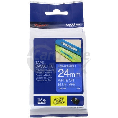 Brother TZe-555 Original 24mm White Text on Blue Laminated Tape - 8 meters