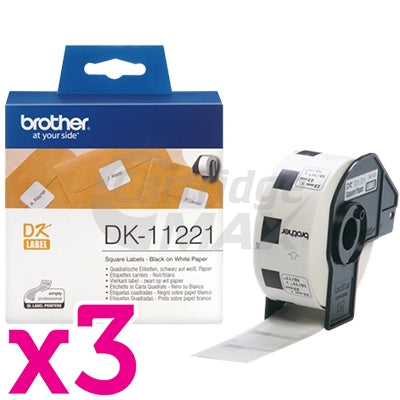 3 x Brother DK-11221 Original Black Text on White 23mm x 23mm Die-Cut Paper Label Roll - 1000 labels per roll