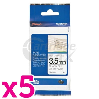 5 x Brother TZe-N201 Original 3.5mm Black Text on White Tape - 8 metres
