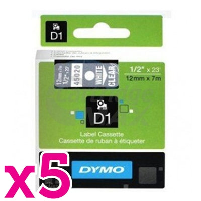 5 x Dymo SD45020 / S0720600 Original 12mm White Text on Clear Label Cassette - 7 meters