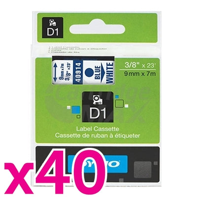 40 x Dymo SD40914 / S0720690 Original 9mm Blue Text on White Label Cassette - 7 meters