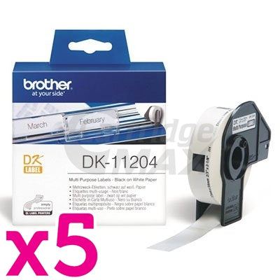 5 x Brother DK-11204 Original Black Text on White Die-Cut Paper Label Roll 17mm x 54mm - 400 labels per roll