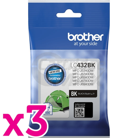 3 x Brother LC-432BK Original Black Ink Cartridge