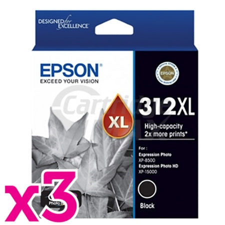 3 x Epson 312XL (C13T183192) Original Black High Yield Inkjet Cartridge