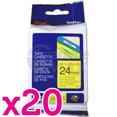 20 x Brother TZe-651 Original 24mm Black Text on Yellow Laminated Tape - 8 meters