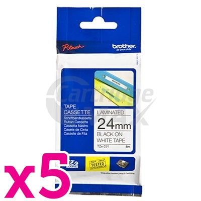5 x Brother TZe-251 Original 24mm Black Text on White Laminated Tape - 8 meters