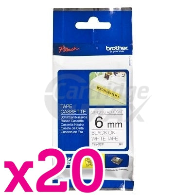 20 x Brother TZe-S211 Original 6mm Black Text on White Strong Adhesive Laminated Tape - 8 metres