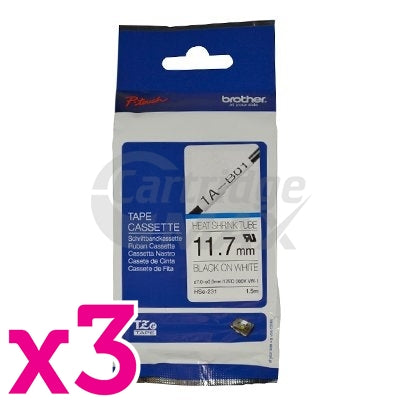 3 x Brother HSe-231 Original 11.7mm Black Text on White Heat Shrink Tube Tape - 1.5 meters