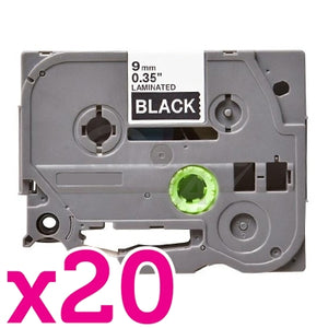 20 x Brother TZe-325 Generic 9mm White Text on Black Laminated Tape - 8 meters