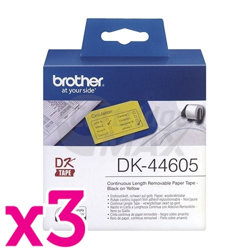 3 x Brother DK-44605 Original Removable Black Text on Yellow Continuous Paper Label Roll 62mm x 30.48m