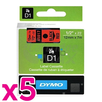 5 x Dymo SD45017 / S0720570 Original 12mm Black Text on Red Label Cassette - 7 meters
