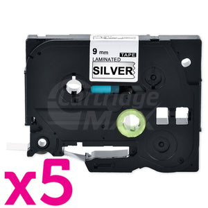 5 x Brother TZe-921 Generic 9mm Black Text on Silver Laminated Tape - 8 meters