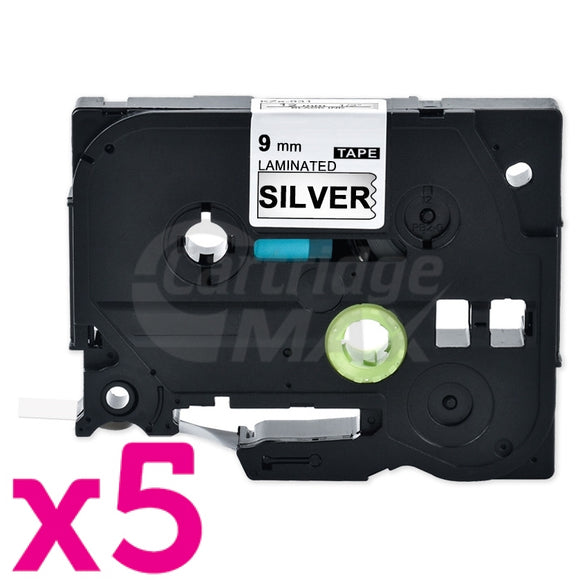 5 x Brother TZe-921 Generic 9mm Black Text on Silver Laminated Tape - 8 meters
