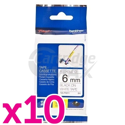 10 x Brother TZe-FX211 Original 6mm Black Text on White Flexible ID Laminated Tape - 8 metres