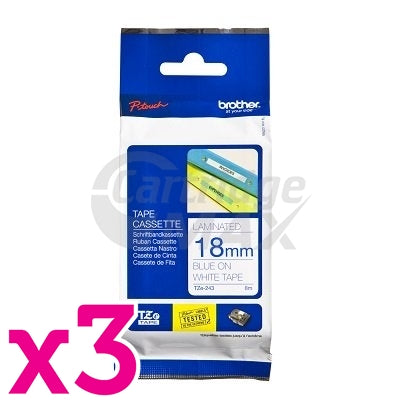 3 x Brother TZe-243 Original 18mm Blue Text on White Laminated Tape - 8 meters