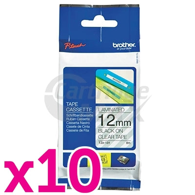10 x Brother TZe-131 Original 12mm Black Text on Clear Laminated Tape - 8 meters