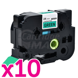10 x Brother TZe-751 Generic 24mm Black Text on Green Laminated Tape - 8 meters