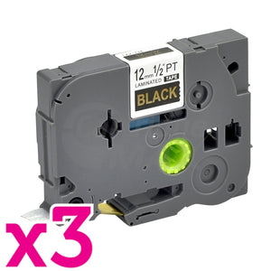 3 x Brother TZe-334 Generic 12mm Gold Text on Black Laminated Tape - 8 meters
