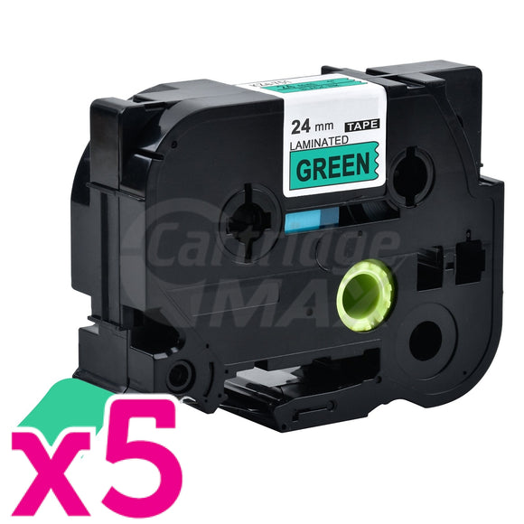 5 x Brother TZe-751 Generic 24mm Black Text on Green Laminated Tape - 8 meters