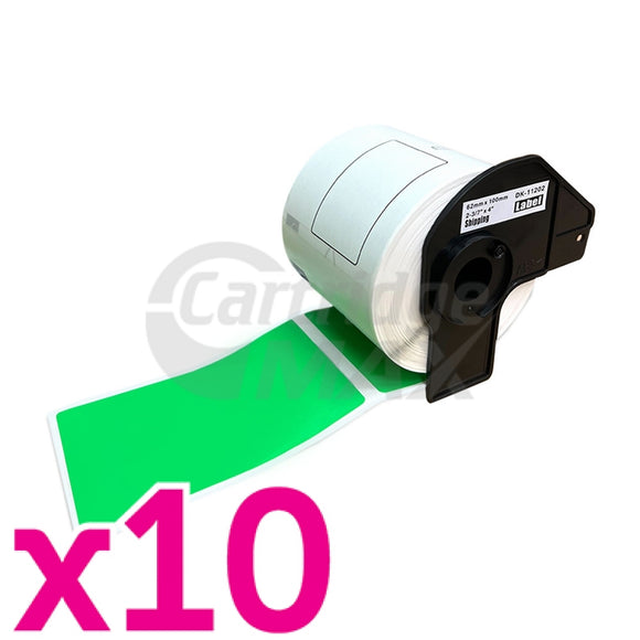10 x Brother DK-11202 Generic Black Text on Green Die-Cut Paper Label Roll 62mm x 100mm - 300 labels per roll